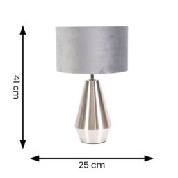 ValueLights Jax Brushed Chrome Dimmable Touch Table Lamp with Velvet Drum Shade in Grey - thumbnail 6