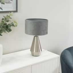 ValueLights Jax Brushed Chrome Dimmable Touch Table Lamp with Velvet Drum Shade in Grey - thumbnail 3