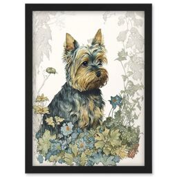 Artery8 Yorkshire Terrier Dog in Wildflowers Watercolour Illustration Artwork Framed Wall Art Print A4 in Black - thumbnail 1