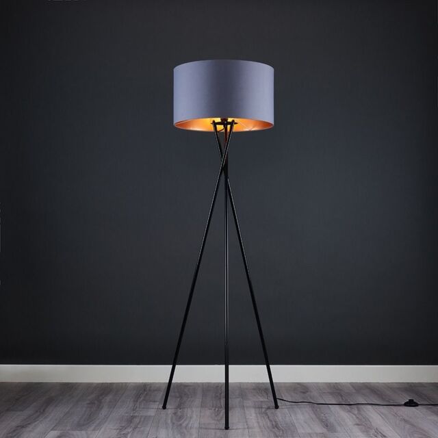 ValueLights Camden Black Metal Tripod Floor Lamp with Grey & Copper Lamp Shade - image 1