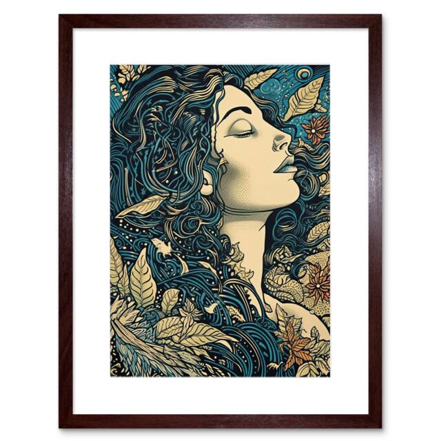 "Artery8 Wall Art Print Mother Nature Modern Boho Art Nouveau Linocut Artwork Framed 9X7 Inch in Brown - Size: W7"" x H9""" - image 1