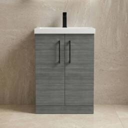 Balterley Bathroom Floor 2-Door Vanity Unit Basin, Anthracite Woodgrain, 600mm in Grey - thumbnail 2