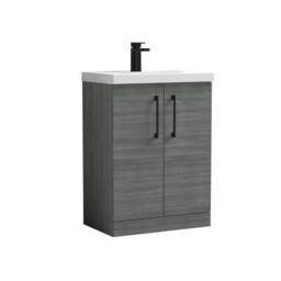 Balterley Bathroom Floor 2-Door Vanity Unit Basin, Anthracite Woodgrain, 600mm in Grey - thumbnail 1