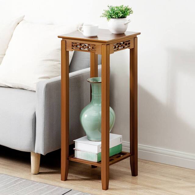 ExtraStar 2-Tier Bamboo Plant Stand, Chinese Style Carved Tall Flower Stand in Brown - image 1