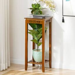 ExtraStar 2-Tier Bamboo Plant Stand, Chinese Style Carved Tall Flower Stand in Brown - thumbnail 2