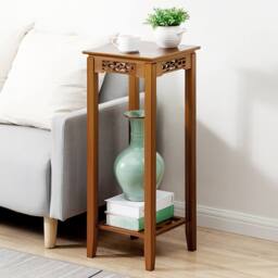 ExtraStar 2-Tier Bamboo Plant Stand, Chinese Style Carved Tall Flower Stand in Brown