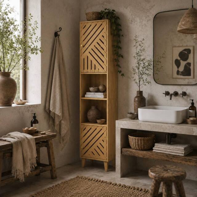 Wyld Haus Hami Tall Bathroom Cabinet Bamboo Doors & Adjustable Shelves in Natural - image 1