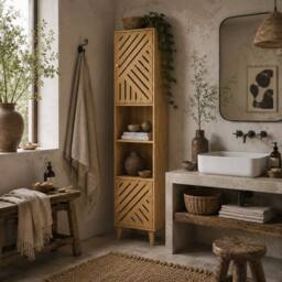 Wyld Haus Hami Tall Bathroom Cabinet Bamboo Doors & Adjustable Shelves in Natural
