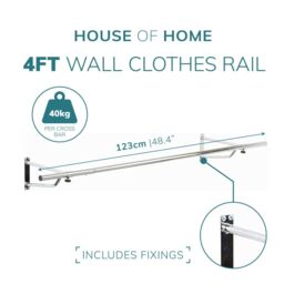 House of Home Clothes Rail Wall Mounted Garment Hanging Wardrobe Rack Storage Size 4ft Long in Silver - thumbnail 2