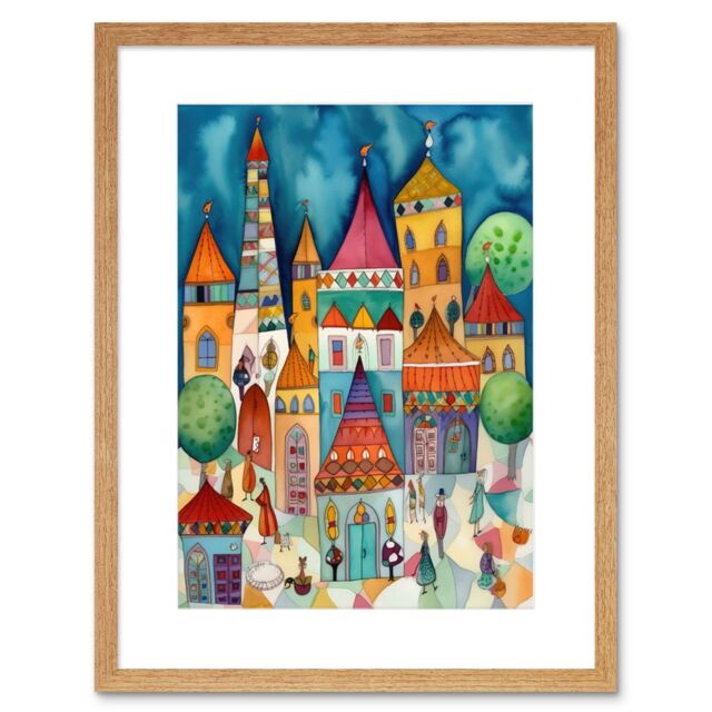 "Artery8 Wall Art Print Town Market Square Afternoon Shoppers Folk Art Watercolour Painting Artwork Framed 9X7 Inch in Beige - Size: W7"" x H9""" - image 1