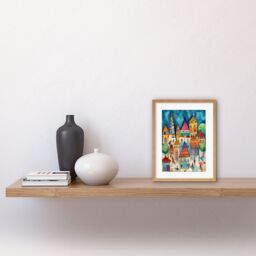 "Artery8 Wall Art Print Town Market Square Afternoon Shoppers Folk Art Watercolour Painting Artwork Framed 9X7 Inch in Beige - Size: W7"" x H9""" - thumbnail 2