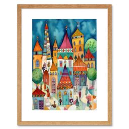 "Artery8 Wall Art Print Town Market Square Afternoon Shoppers Folk Art Watercolour Painting Artwork Framed 9X7 Inch in Beige - Size: W7"" x H9""" - thumbnail 1