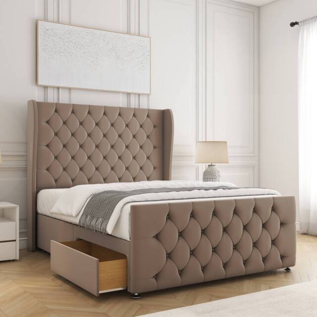"BSSPOKE Anna Plush Velvet Divan Bed 54"" Headboard 2Drawers Footend & Mattress in Bronze - Size: Double" - image 1