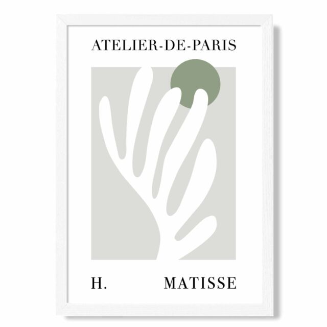 ARTZE Matisse Floral Cutout Sage Green Exhibition Framed Print SIZE: A3 with White Frame in Pale Green - Size: A4 - image 1