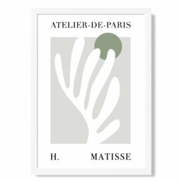 ARTZE Matisse Floral Cutout Sage Green Exhibition Framed Print SIZE: A3 with White Frame in Pale Green - Size: A4