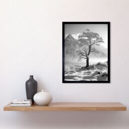 Artery8 Wall Art Print Frozen Tree in Snowy Mountain Landscape Bright Black & White Photograph Winter Sunrise Crisp Morning Light Art Framed - thumbnail 2