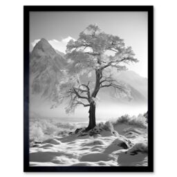 Artery8 Wall Art Print Frozen Tree in Snowy Mountain Landscape Bright Black & White Photograph Winter Sunrise Crisp Morning Light Art Framed - thumbnail 1
