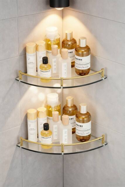 Living and Home 2Pcs Bathroom Glass Corner Shelf Wall Mounted Storage Rack in Gold - image 1