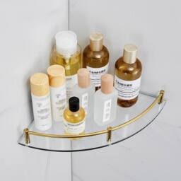 Living and Home 2Pcs Bathroom Glass Corner Shelf Wall Mounted Storage Rack in Gold - thumbnail 2