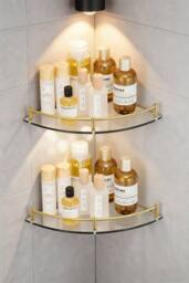 Living and Home 2Pcs Bathroom Glass Corner Shelf Wall Mounted Storage Rack in Gold - thumbnail 1