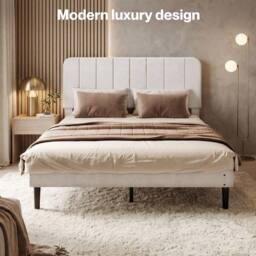 VOGREX White Upholstered Platform Double Bed Frame - thumbnail 6