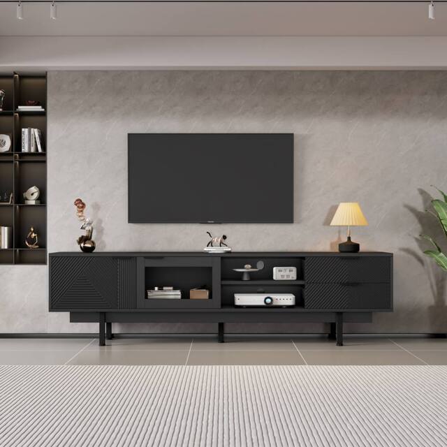 ModernLuxe TV cabinet stand with 2 drawers, doors & open shelf for 80 inch TV in Black - image 1