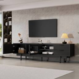ModernLuxe TV cabinet stand with 2 drawers, doors & open shelf for 80 inch TV in Black - thumbnail 4