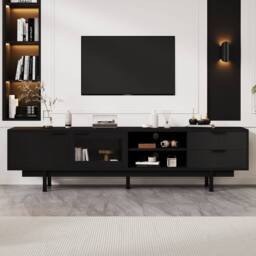 ModernLuxe TV cabinet stand with 2 drawers, doors & open shelf for 80 inch TV in Black - thumbnail 2