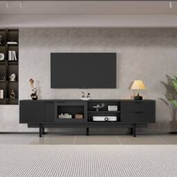 ModernLuxe TV cabinet stand with 2 drawers, doors & open shelf for 80 inch TV in Black