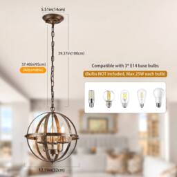 NIVOR 3 Light Industrial Globe Vintage Chandelier Spherical Pendant E14 in Gold - thumbnail 2