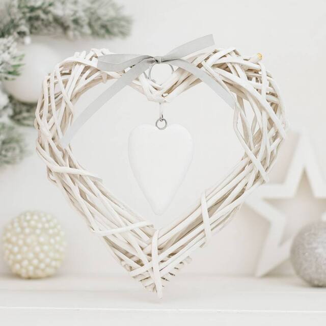Voltico Heart Wicker Hanging Decoration with Wooden Heart Charm, 2 Colours in White - image 1