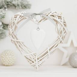 Voltico Heart Wicker Hanging Decoration with Wooden Heart Charm, 2 Colours in White