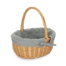 Red Hamper Cotton Lined Wicker Shopping Basket Buff Willow Oval Shopper in Grey