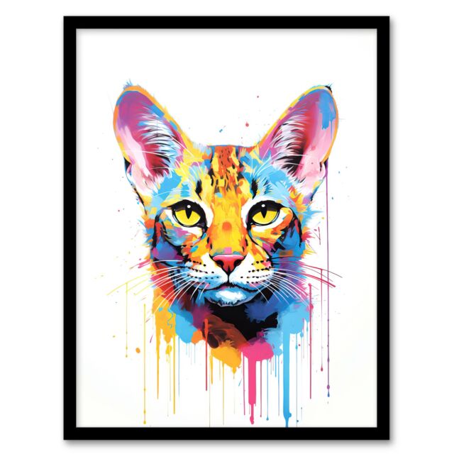 "Artery8 Wall Art Print Savannah Cat Lover Gift Pet Portrait Orange Blue Pink Artwork Painting Art Framed - Size: W12"" x H16""" - image 1
