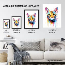 "Artery8 Wall Art Print Savannah Cat Lover Gift Pet Portrait Orange Blue Pink Artwork Painting Art Framed - Size: W12"" x H16""" - thumbnail 3