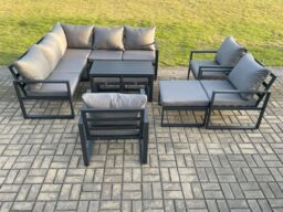 Fimous 11 Seater Aluminium Outdoor Garden Furniture Set Patio Lounge Sofa with Oblong Coffee Table Chair 3 Footstools Dark Grey - thumbnail 2