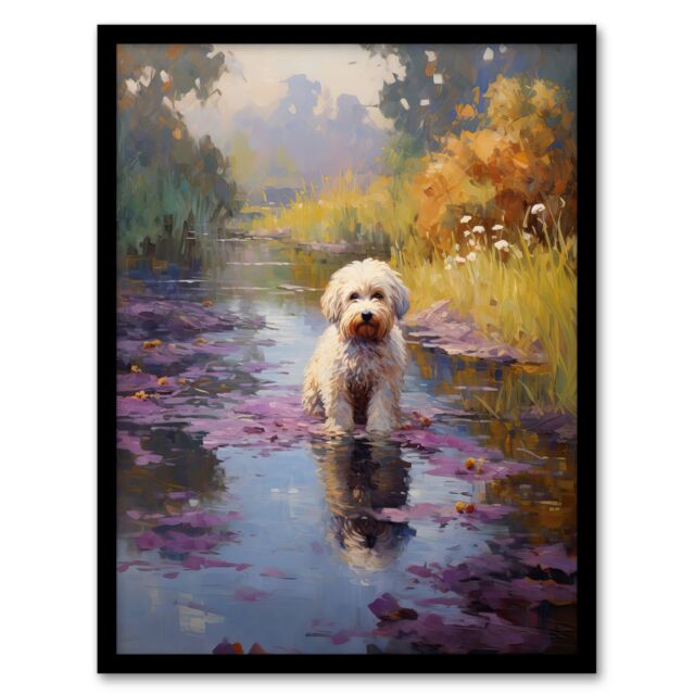 "Artery8 Wall Art Print White Cockapoo Dog & Purple Water Irises Claude Monet Style Oil Painting Art Framed in Black - Size: W12"" x H16""" - image 1