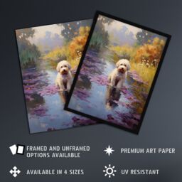 "Artery8 Wall Art Print White Cockapoo Dog & Purple Water Irises Claude Monet Style Oil Painting Art Framed in Black - Size: W12"" x H16""" - thumbnail 2