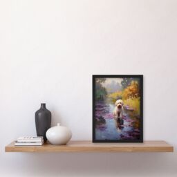 "Artery8 Wall Art Print White Cockapoo Dog & Purple Water Irises Claude Monet Style Oil Painting Art Framed in Black - Size: W12"" x H16""" - thumbnail 4