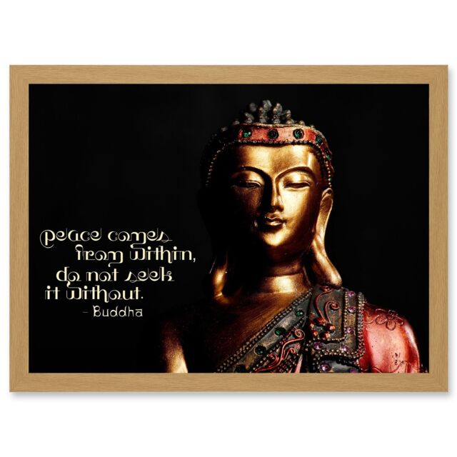 Artery8 Peace Comes From Within Buddha Statue Uplifting Quote Artwork Framed Wall Art Print A4 in Light Oak - image 1