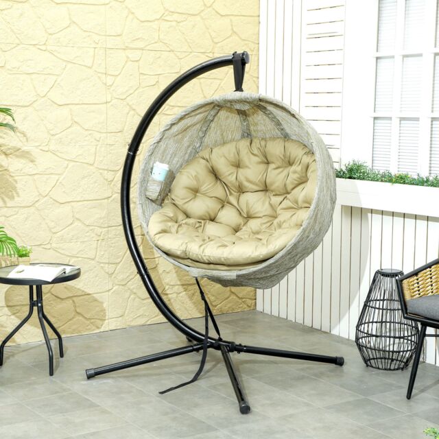 OUTSUNNY Hanging Egg Chair Outdoor Indoor Swing Chair, Folding Basket, Khaki - image 1