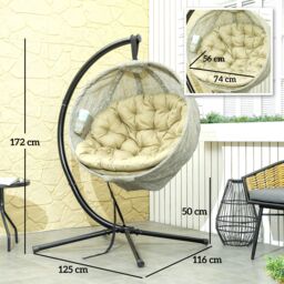 OUTSUNNY Hanging Egg Chair Outdoor Indoor Swing Chair, Folding Basket, Khaki - thumbnail 3