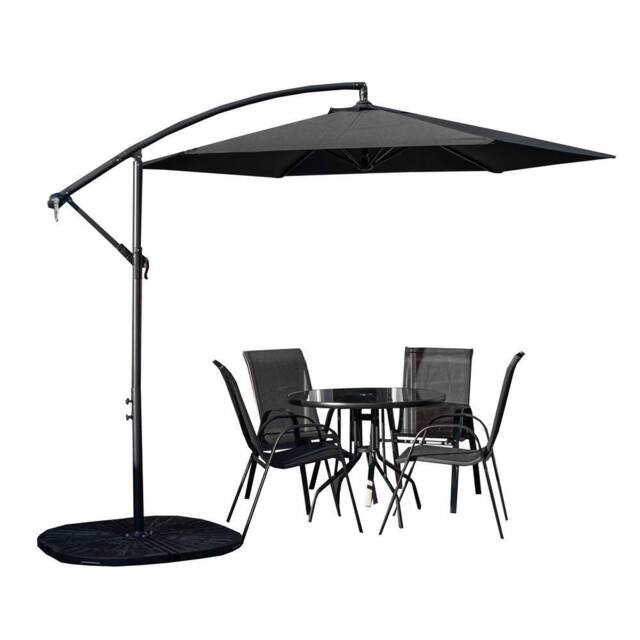Samuel Alexander Outdoor 4 Person Round Glass Top Garden Dining Table Chairs With Banana Parasol & Base in Black - image 1