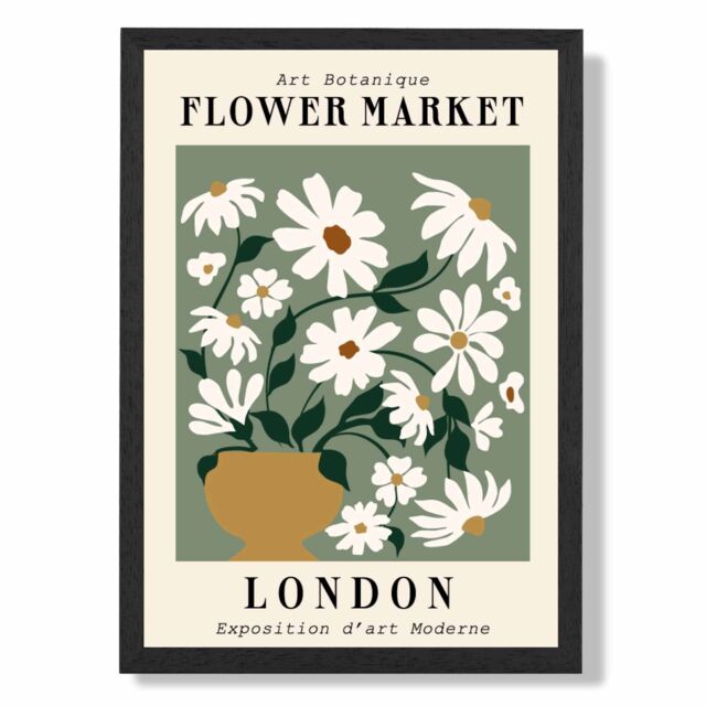 ARTZE London Green & White Flower Market Exhibition Framed Print SIZE: A2 with Black Frame in Beige - Size: A4 - image 1