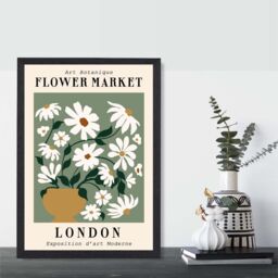 ARTZE London Green & White Flower Market Exhibition Framed Print SIZE: A2 with Black Frame in Beige - Size: A4 - thumbnail 2