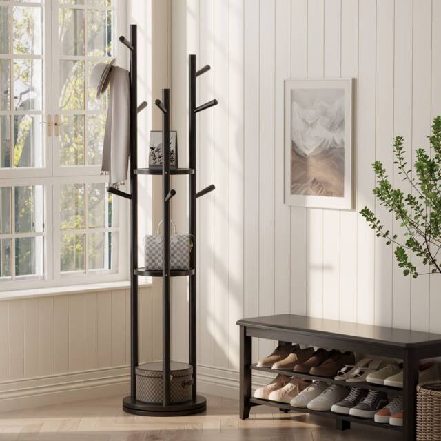 YQJJGL Freestanding Solid Wood Coat Rack with 3 Storage Shelves & Hooks Clothes Rack Garment Rack in Black - image 1
