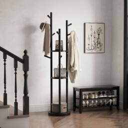 YQJJGL Freestanding Solid Wood Coat Rack with 3 Storage Shelves & Hooks Clothes Rack Garment Rack in Black - thumbnail 3