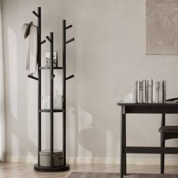 YQJJGL Freestanding Solid Wood Coat Rack with 3 Storage Shelves & Hooks Clothes Rack Garment Rack in Black - thumbnail 4