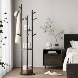 YQJJGL Freestanding Solid Wood Coat Rack with 3 Storage Shelves & Hooks Clothes Rack Garment Rack in Black - thumbnail 2