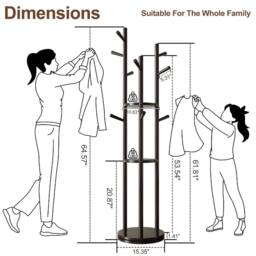 YQJJGL Freestanding Solid Wood Coat Rack with 3 Storage Shelves & Hooks Clothes Rack Garment Rack in Black - thumbnail 5